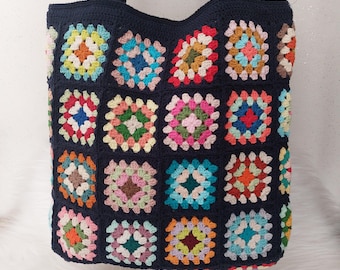 Navy Blue Granny Square Crochet Tote Bag, Handmade Cotton Shoulder Bag