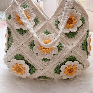 Handmade Crochet Granny Square Sunflower Tote Bag, 3D Flower Shoulder Bag