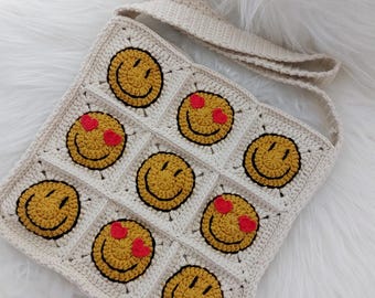 Crochet Smiley Face Tote Bag: Granny Square Purse