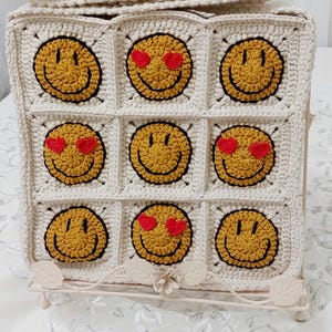 Crochet Smiley Face Tote Bag: Granny Square Purse