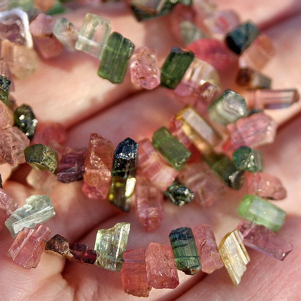 FUN...Gem Pink Green Tourmaline Naturally Faceted Free Form Stick Point Briolettes 10 beads set