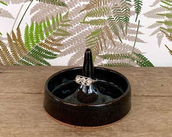 Black Ceramic Ring Dish / Jewelry Holder / Wheel Thrown Wedding Engagement Ring Tree