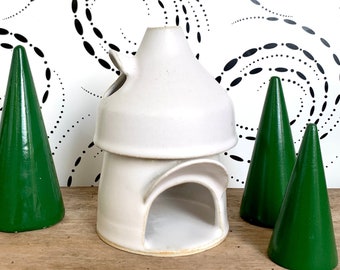 Whimsical Handmade Wheel Thrown Small Ceramic House / Hut Sculpture / White Winter Decor