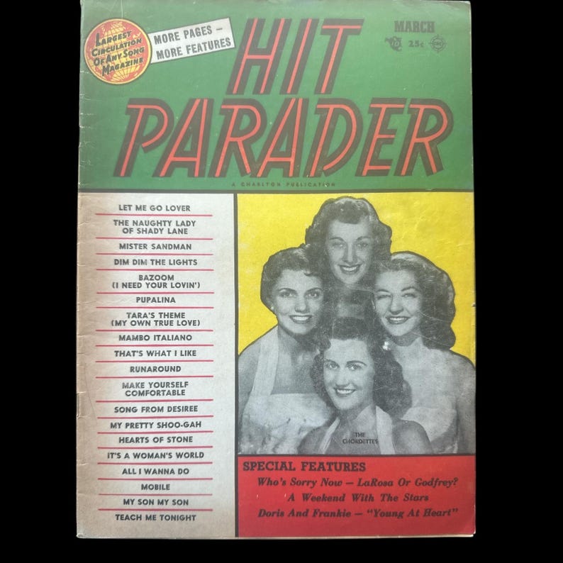 May include: A vintage magazine cover for Hit Parader, a music magazine, featuring a group of four women singers. The cover is yellow and green with the title "Hit Parader" in red and black letters. The magazine cover lists popular songs of the time, including "Let Me Go Lover", "The Naughty Lady of Shady Lane", "Mister Sandman", and "Dim Dim the Lights".