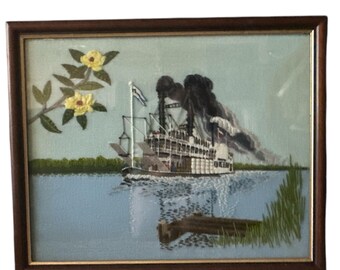 Large Vintage “Mississippi Queen” Embroidered Picture | Riverboat Textile Art | Southern Americana Wall Décor | Handmade Vintage Embroidery