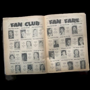 May include: A black and white magazine page with the title "Fan Club" and "Fan Fare" printed in bold letters. The page features a grid of small black and white photos of people with their names and fan club names printed below each photo.
