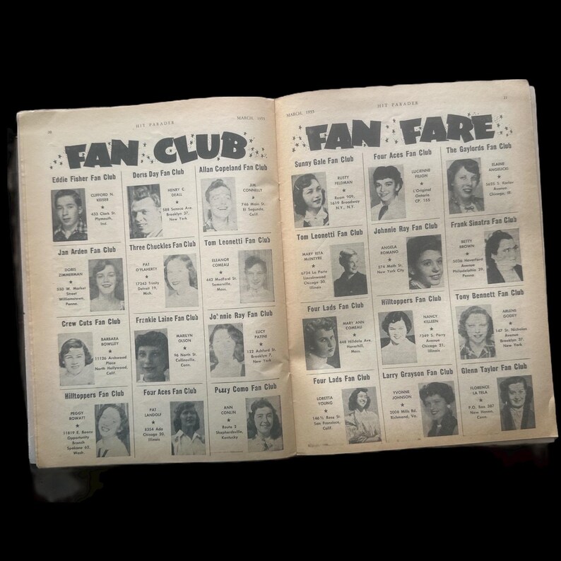 May include: A black and white magazine page with the title "Fan Club" and "Fan Fare" printed in bold letters. The page features a grid of small black and white photos of people with their names and fan club names printed below each photo.
