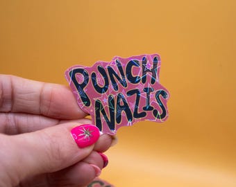 Punch N*zis Sticker - Politische Sticker, Antifaschistisch, Antirassistisch, Glitzernde Aufkleber, Girly Aufkleber, Laptop und Wasserflasche Aufkleber