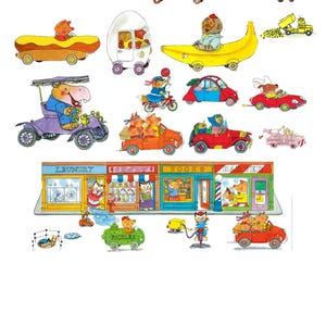 May include: A whimsical illustration featuring various animal characters driving creatively designed vehicles, including a corn car, apple car, and banana car. A storefront with the words "Laundry", "Books", and "Bakery" is also shown.