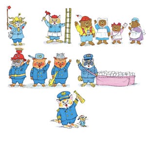 Puede incluir: Una colorida ilustración con animales antropomórficos en diversas profesiones. Los personajes incluyen una cabra, gatos, osos, cerdos y un mapache, todos vestidos con uniformes. La imagen tiene un estilo caprichoso de libro de cuentos.