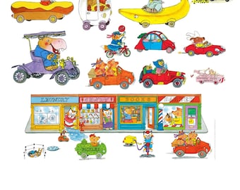 Richard Scarry's Busy Town Clipart, Wacky Cars & Street Scene (Digital Download)