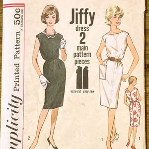 May include: A Simplicity Jiffy dress sewing pattern envelope featuring illustrations of two sleeveless dresses, one dark and one light, with the text Jiffy dress 2 main pattern pieces easy-cut easy-sew and Printed Pattern 50c in Canada 60c.