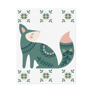 Scandinavian green fox - Folk Art Print - 11 x 14"