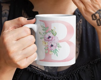 Floral Letter B Mug - Pink Wildflower Ceramic Coffee Cup