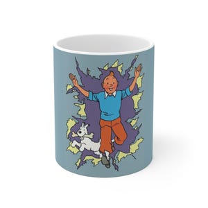 The Adventures of Tintin and Snowy Ceramic Coffee Cup, Fun Mug for Kids, Big Blue Splash Print, Perfect Gift for Fans