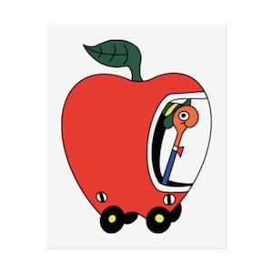Póster de un gusano humilde y caprichoso en un coche de manzana, un regalo divertido para los amantes de los libros de Richard Scarry, arte mural único.