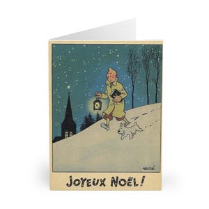 Tintin and Snowy Christmas Midnight Lantern Walk - Joyeux Noel, Seasons Greetings, Festive Set of Five Cards