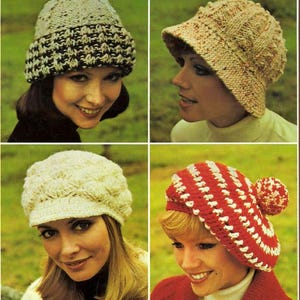 May include: Four different knitted hats in various styles and colors. One hat is a black and white patterned beanie. Another is a beige cloche hat with a brim. A third is a cream-colored newsboy cap. The last is a red and white striped beret with a pom-pom.