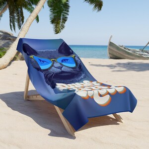 Toalla de playa con diseño de gato divertido, toalla con ambiente veraniego, regalo para amantes de los gatos, regalo para dueños de gatos, imprescindible para la piscina.