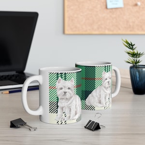 West Highland Terrier Mug -  Westie on green tartan background - Scottish Dog - Gift for dog Dad - 2 Sizes Ceramic Coffee Cups, 11oz, 15oz