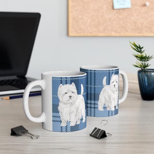 West Highland Terrier Mug -  Westie on blue tartan background - Scottish Dog - Gift for dog Dad - 2 Sizes Ceramic Coffee Cups, 11oz, 15oz