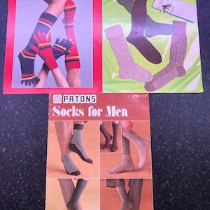 3 vintage Patons stickmönster, strumpor för kvinnor, män, pojkar, handskar, benvärmare, mönsterpaket från 1970- och 1980-talen