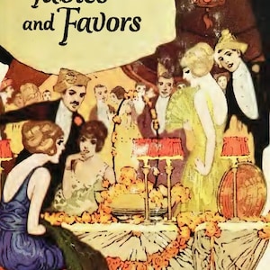 May include: Vintage illustration titled "Tables and Favors" featuring a party scene. The image shows people in formal attire, tables with floral arrangements, and lamps with red shades. The overall aesthetic is reminiscent of the early 20th century.