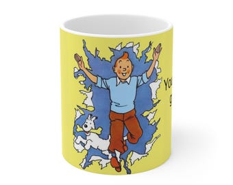 Nom personnalisé - Mug fantaisie Tintin en céramique jaune, Les aventures de Tintin et Milou, idéal pour les collectionneurs