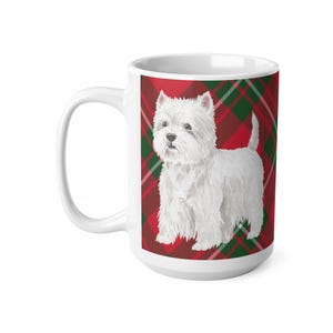 West Highland Terrier Mug -  Westie on red tartan background - Scottish Dog - Gift for dog Dad - 2 Sizes Ceramic Coffee Cups, 11oz, 15oz