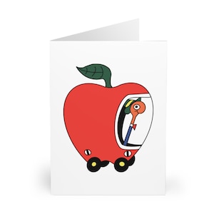 Biglietto d'auguri originale con un verme umile nella sua auto di mele per ogni occasione - Confezione da 5, messaggi divertenti, compleanno, grazie, semplicemente così