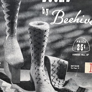 May include: A vintage black and white advertisement for hand-knitted socks. The image displays several pairs of socks with a diamond pattern, promoting the "Beehive" brand. The text includes "hand knit Socks by Beehive" and "Price 25p".