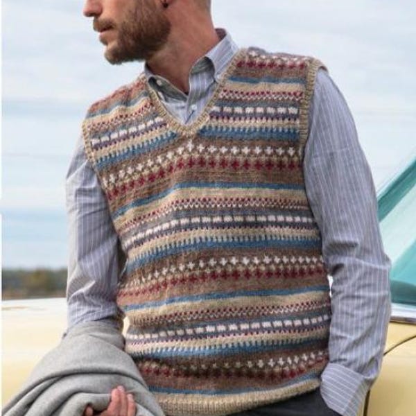 Fair Isle V-Neck Sweater Vest Knitting Pattern – Man and Boy Jumper (Download PDF)