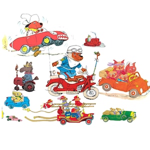 May include: A vibrant children's illustration showing animal characters in various vehicles. A dog drives a red car, a bear rides a motorcycle, and pigs are in an orange car. Other vehicles include a tractor, a fire engine, and a green convertible.