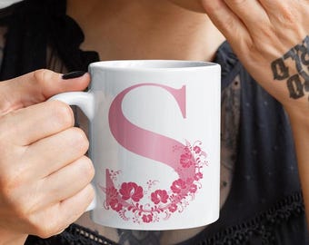 Floral Letter S Mug – Pink Flower Ceramic Coffee Cup (11oz)