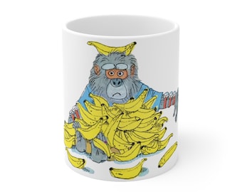 Taza de cerámica para café con el divertido gorila ladrón de plátanos de Richard Scarry Books, taza para amantes de los plátanos, regalo único para los fanáticos de los gorilas