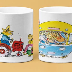 May include: Two white ceramic mugs with illustrations. One mug features a fox driving a red tractor with a yellow and blue bus full of animals in the background. The other mug features a yellow and blue bus full of animals.