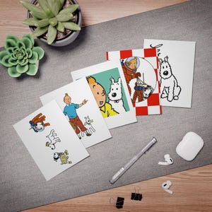 Cartes de voeux inspirées de Tintin - lot de 5, modèles de cartes intemporels pour les célébrations, papeterie de collection, cartes d'anniversaire, lot de cartes d'art