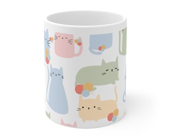 Cat Knitting Crochet Ceramic Coffee Mug | Whimsical Kitten Yarn Drinkware