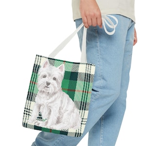 Cute West Highland Terrier - Westie Puppy Dog - Green Tartan - Gift for dog Mum- Ideal for shopping or books -   Tote Bag