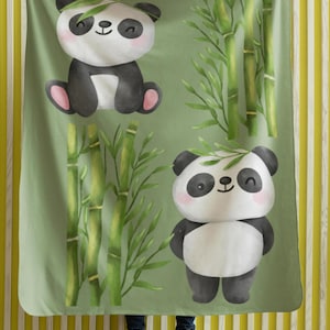 Cute Panda Bear Blanket - Panda Kids Decor - Green background  Blanket - Gift for child - Soft Polyester Blanket 30x 40 inches