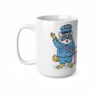 May include: White ceramic mug with a cartoon illustration of a raccoon wearing a blue postal uniform and a hat, holding a bag of mail. The raccoon is waving with its right paw.