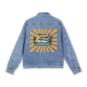 Retro look Men&#39;s Denim Jacket with Sardines Graphic, Casual Outerwear, Stylish Layering Piece, Gift for Him, Summer Fashion