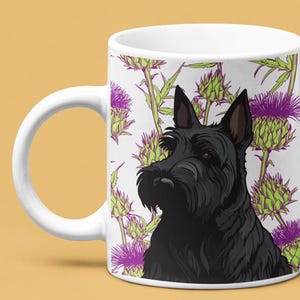 Scottish Terrier and Thistle Decorated Mug - Aberdeen Terrier and Thistles -  Scottish Theme Mug - Gift for Dog Mum or Dad- 11oz White Mug