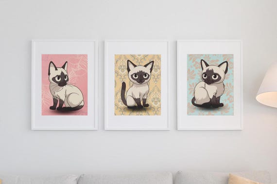 シャム猫のアートプリントセット - ロココ調（デジタルダウンロード