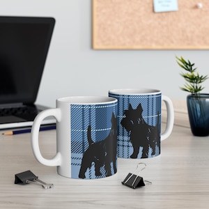 Scottish Aberdeen Terrier Mug -  Scotty on blue tartan background - Scottish - Gift for dog Dad - 2 Sizes Ceramic Coffee Cups, 11oz, 15oz