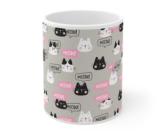Meow Cat Pattern Coffee Mug, Cat Lover Gift