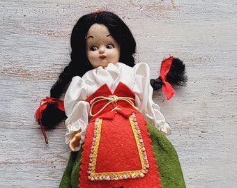 Vintage Paper Mache Black Hair Braids Plastic Doll Felt Green and Red Christmas Dress