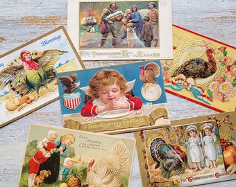 6 Antique White Turkey Children First Thanksgiving Alaska Postcard Germany
