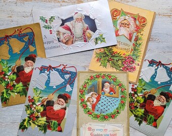 6 Antique Santa Claus Christmas Postcards Ringing Bell Silver & Gold Children