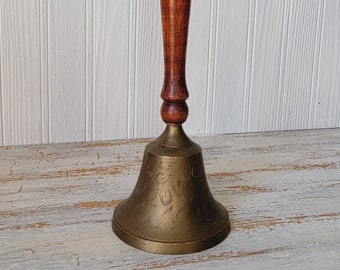Vintage Etched Brass School Dinner Bell with Wooden Handle 9.5"